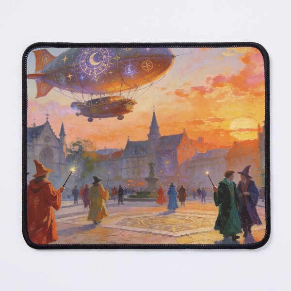 Item preview, Magical Airship Above Grand Square, Whimsical Wizard World Impressionist Art designed and sold by BlareBlare.