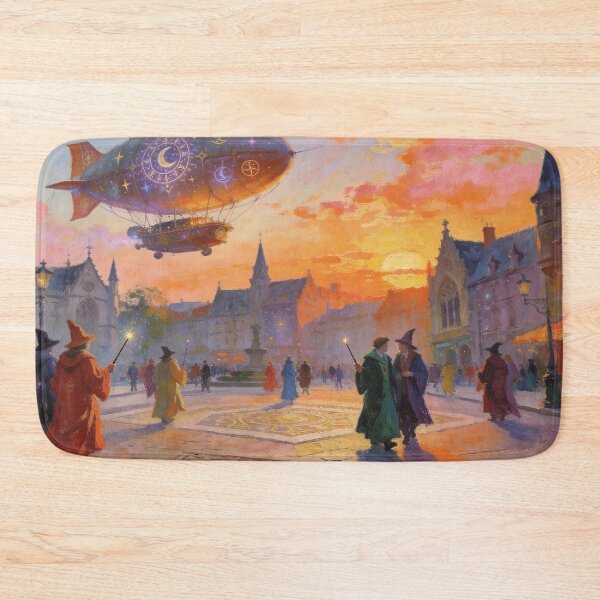 Artikelvorschau, Magical Airship Above Grand Square, Whimsical Wizard World Impressionist Art entworfen und verkauft von BlareBlare.