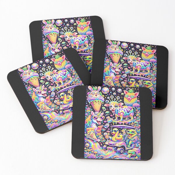 Item preview, Psychedelic Party Animals - Ice Cream Bunny, Rainbow Unicorn & Golf Cart Chaos Art designed and sold by David Brookes Digital.