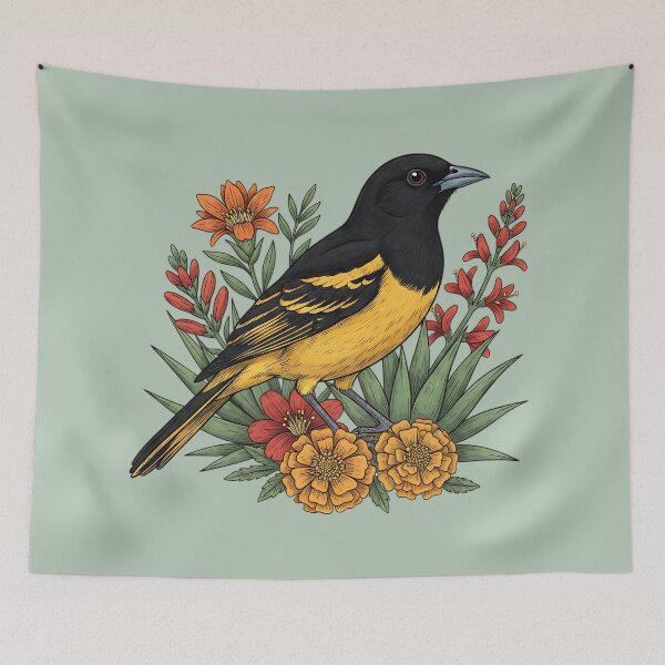 Item preview, Scott's Oriole Perched Among Bold Colored Desert Wildflowers designed and sold by BirdsnStuff.