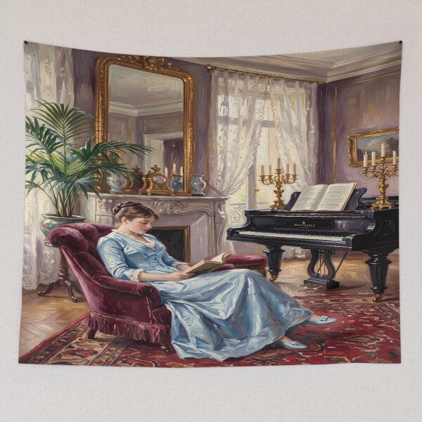 Item preview, Elegant Lady Reading in Blue - Post-Impressionist Art designed and sold by Art-Inspir-AI.