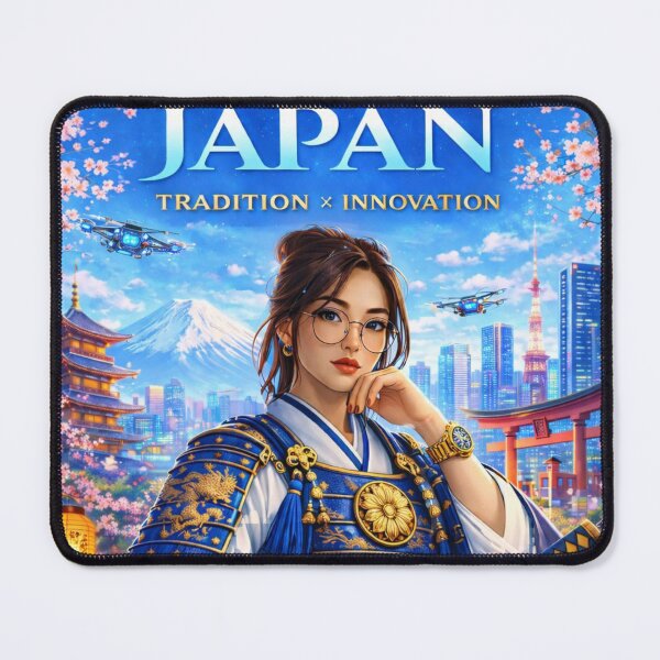 Item preview, Discover Japan – Tradition × Innovation | Samurai Girl Cyberpunk Travel Poster | Mount Fuji Tokyo Illustration designed and sold by Inkora-Art.