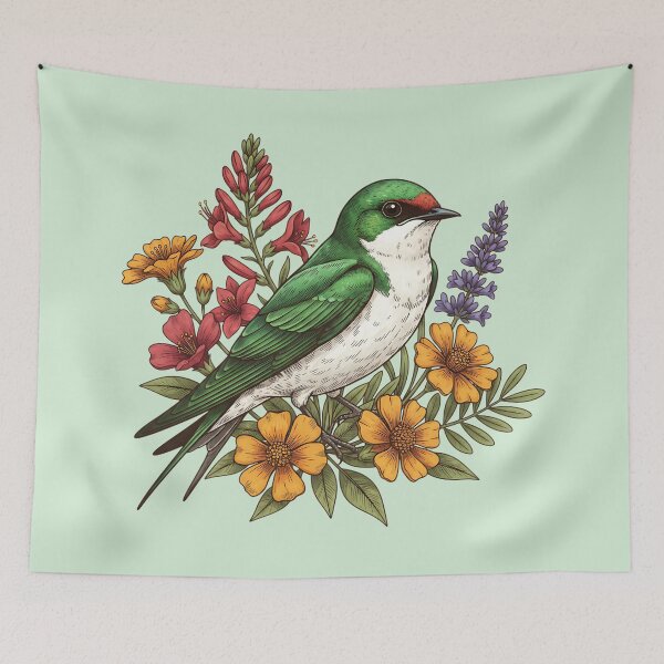 Item preview, Violet-Green Swallow Perched Among Bold Colorful Wildflowers Bird Art Design designed and sold by BirdsnStuff.