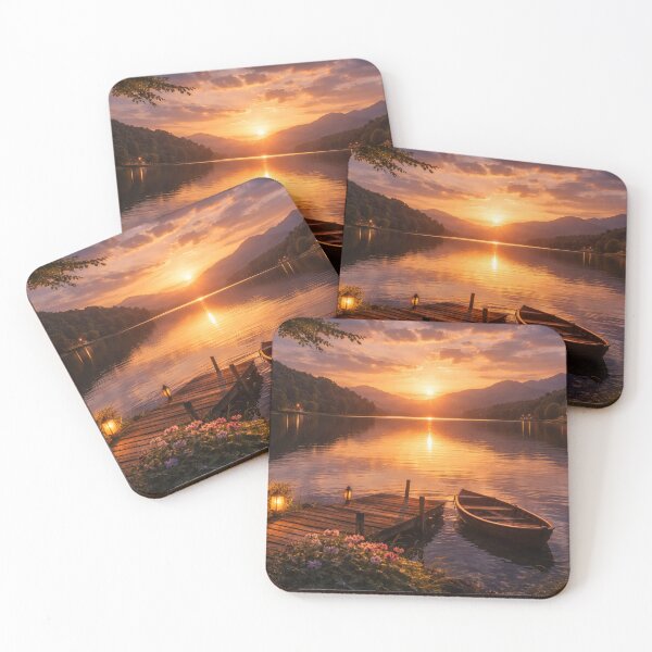 Item preview, Golden Sunset Lake with Boat – Peaceful Landscape designed and sold by Thought Space Studio.