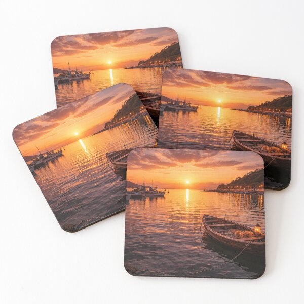 Item preview, Golden Sunset Harbor with Boat – Peaceful Seascape designed and sold by Thought Space Studio.
