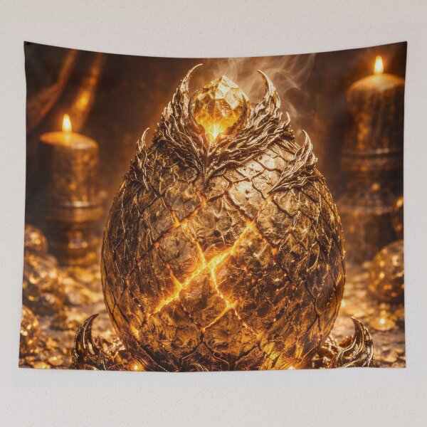 Item preview, Golden Dragon Egg – Ancient Mystical Egg, Lava Cracked, Fantasy, Magic Artifact, Dark Fantasy Scene, Glowing Egg, Cinematic Fantasy Illustration designed and sold by DrakariArt.
