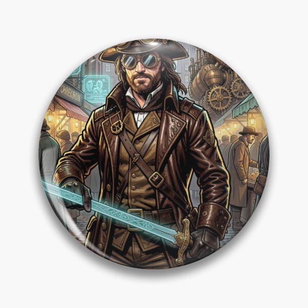 Item preview, Steampunk Musketeer with laser‑etched rapier in a vibrant Victorian street scene designed and sold by FotoworldEdel.