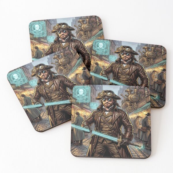 Item preview, Steampunk Musketeer with laser‑etched rapier in a vibrant Victorian street scene designed and sold by FotoworldEdel.