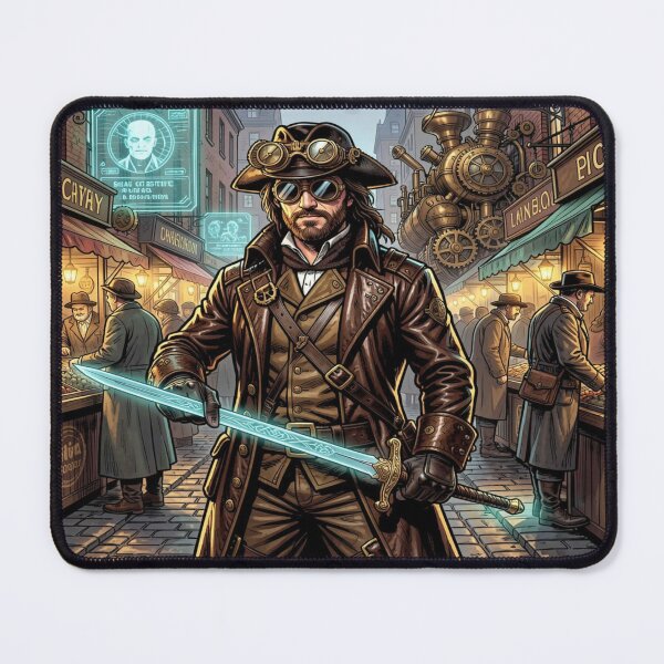 Item preview, Steampunk Musketeer with laser‑etched rapier in a vibrant Victorian street scene designed and sold by FotoworldEdel.
