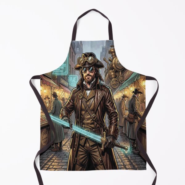 Item preview, Steampunk Musketeer with laser‑etched rapier in a vibrant Victorian street scene designed and sold by FotoworldEdel.