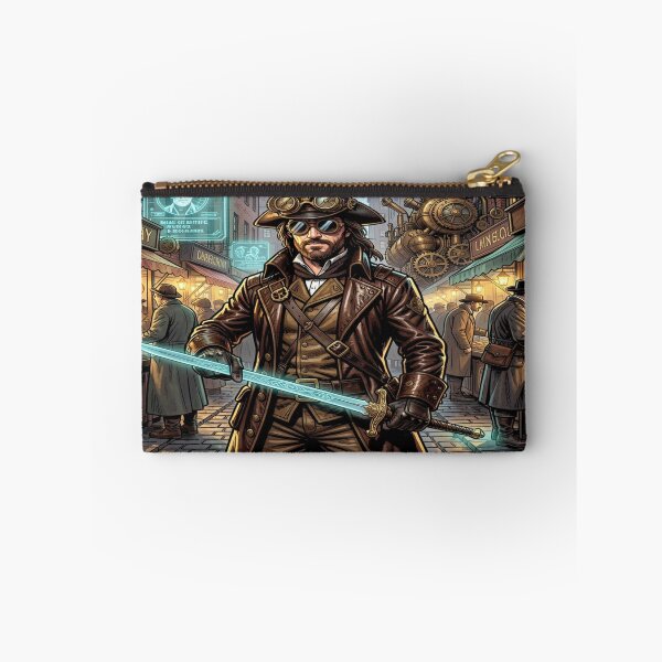 Item preview, Steampunk Musketeer with laser‑etched rapier in a vibrant Victorian street scene designed and sold by FotoworldEdel.