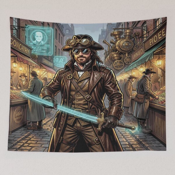 Item preview, Steampunk Musketeer with laser‑etched rapier in a vibrant Victorian street scene designed and sold by FotoworldEdel.