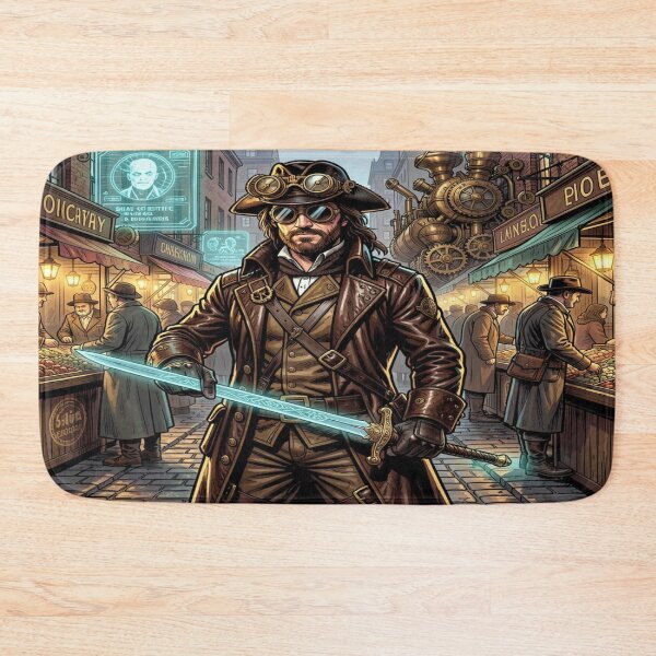 Item preview, Steampunk Musketeer with laser‑etched rapier in a vibrant Victorian street scene designed and sold by FotoworldEdel.