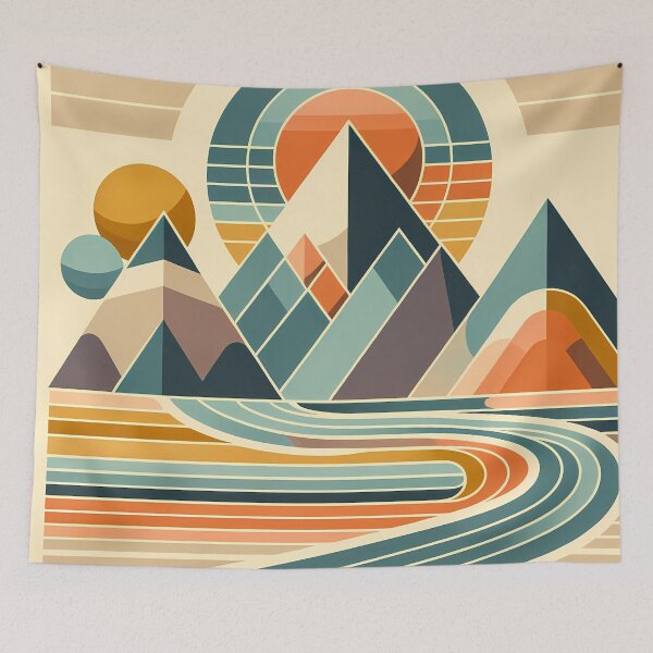 Item preview, Geometric Mountain Landscape with Retro Sun designed and sold by InkSmithery.