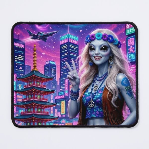 Item preview, Hippy Chicks From Space - Alien Hippie Girl in Neon Tokyo City Poster designed and sold by David Brookes Digital.