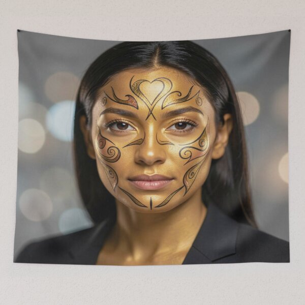 Item preview, Golden painted portrait with ornamental face art and soft bokeh lights designed and sold by FotoworldEdel.