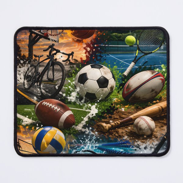Item preview, Dynamic Sports Equipment Collage Featuring Basketball, Soccer, Tennis, Baseball, Football, Volleyball and Hockey designed and sold by FireOrchid.