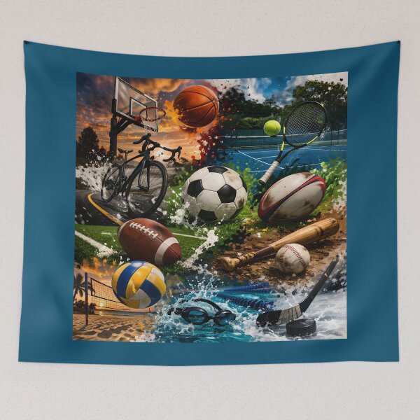 Item preview, Dynamic Sports Equipment Collage Featuring Basketball, Soccer, Tennis, Baseball, Football, Volleyball and Hockey designed and sold by FireOrchid.