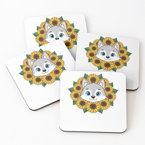 Item preview, Kawaii Grey Wolf Puppy Sunflower Floral Wreath designed and sold by k3rstman1.