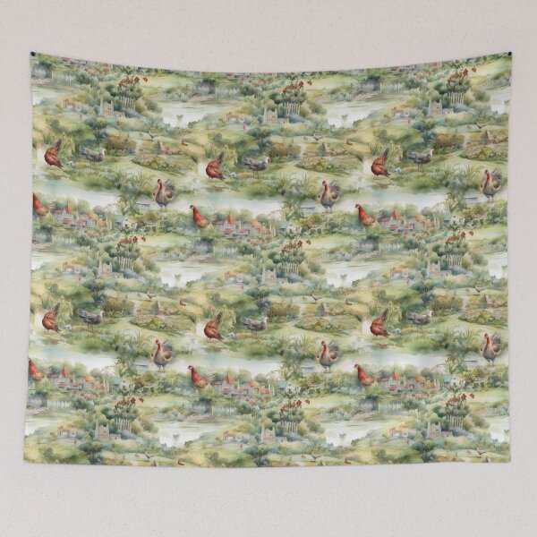 Item preview, English Countryside Village and Hens Watercolor designed and sold by pinkal.