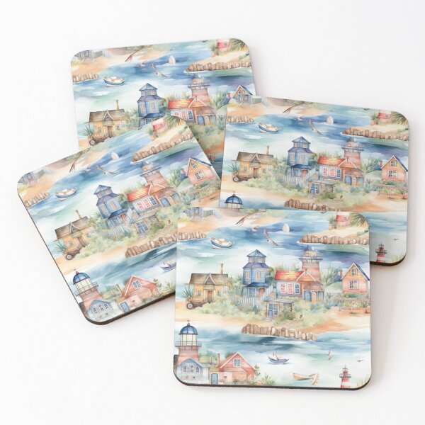Item preview, Coastal Village Lighthouse and Harbor Watercolor designed and sold by pinkal.
