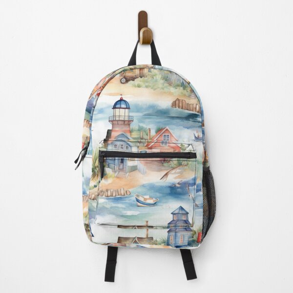 Item preview, Coastal Village Lighthouse and Harbor Watercolor designed and sold by pinkal.