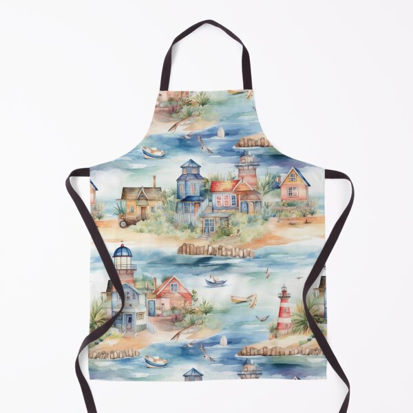 Item preview, Coastal Village Lighthouse and Harbor Watercolor designed and sold by pinkal.
