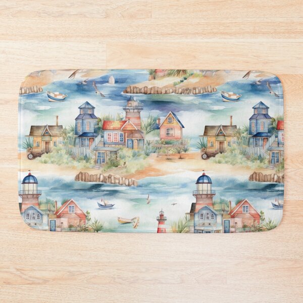 Item preview, Coastal Village Lighthouse and Harbor Watercolor designed and sold by pinkal.