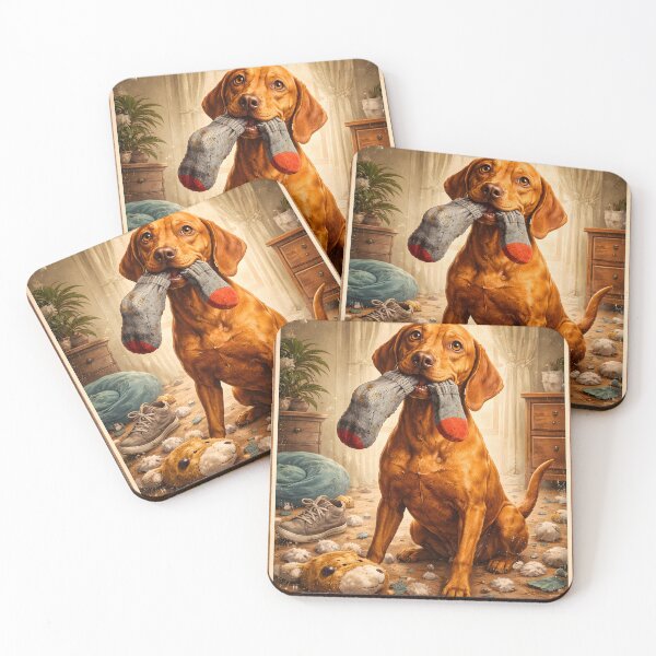 Item preview, Funny Hungarian Vizsla Stealing Socks Naughty Dog Humor designed and sold by QuietWallStudio.