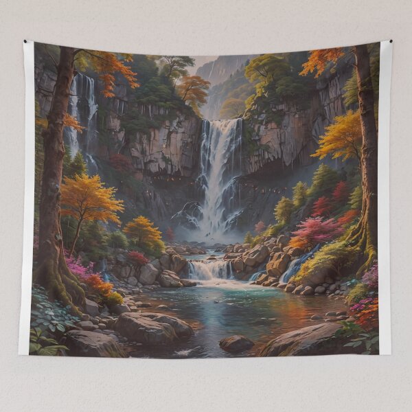 Item preview, Majestic Mountain Waterfall – Serene Autumn Forest Landscape Art designed and sold by BeautifulVirtues.