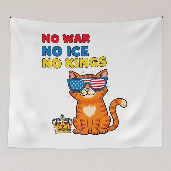 Artikelvorschau, Cool Cat Protest – No War No Ice No Kings Grafik, patriotische Sonnenbrillenkatze, virales Streetwear-Design entworfen und verkauft von Pollock.