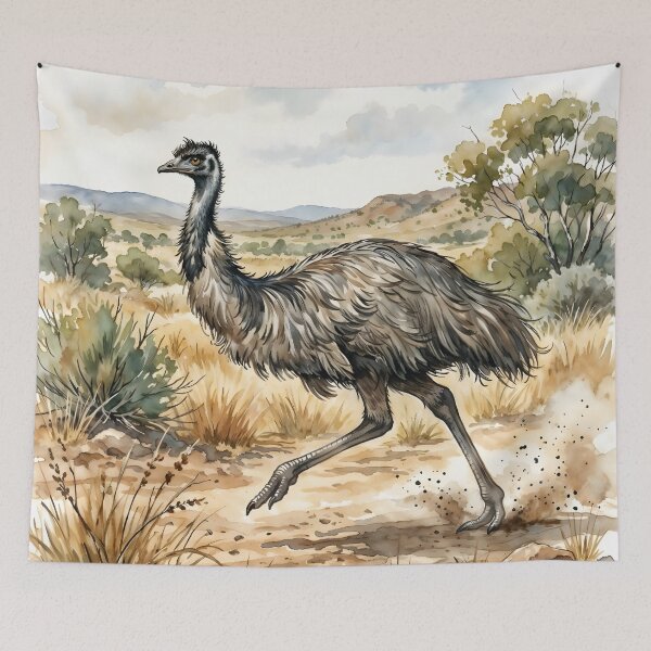 Item preview, Emu Watercolor Art - Running Australian Wildlife Outback Landscape designed and sold by RubisLeaf.