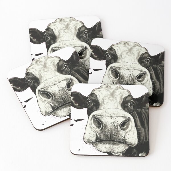 Item preview, Cow Portrait Moo Moo Japanese Text Ink Art Black & White designed and sold by Maangata Art.
