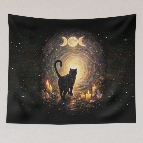 Item preview,  Black cat silhouette (My Familiar) walking toward a radiant cosmic portal designed and sold by MysticOzzy.