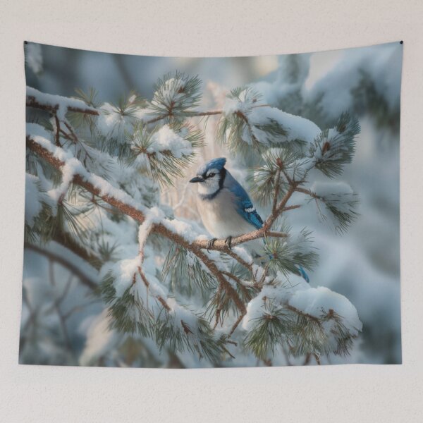 Item preview, A Blue Jay darting in snowy pine branches, Birds in Motion designed and sold by CDC40.