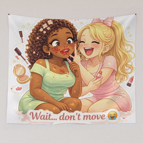 Item preview, Wait… Don’t Move  | Funny Best Friends Makeup Moment | Cute BFF Aesthetic Illustration designed and sold by PrincSaraStudio.