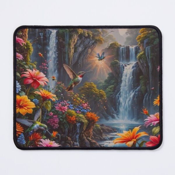 Item preview, Tropical Waterfall with Hummingbirds – Vibrant Fantasy Garden Art designed and sold by BeautifulVirtues.