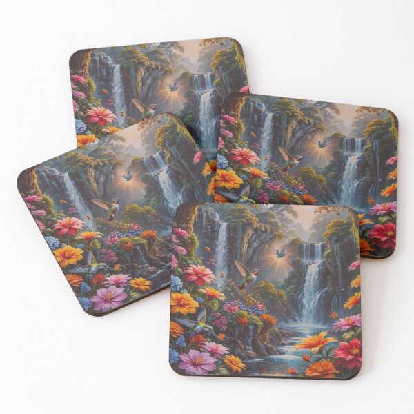 Item preview, Tropical Waterfall with Hummingbirds – Vibrant Fantasy Garden Art designed and sold by BeautifulVirtues.