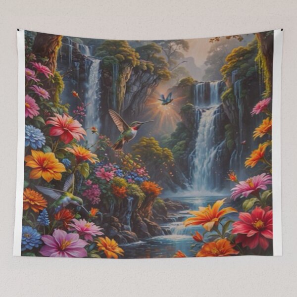 Item preview, Tropical Waterfall with Hummingbirds – Vibrant Fantasy Garden Art designed and sold by BeautifulVirtues.