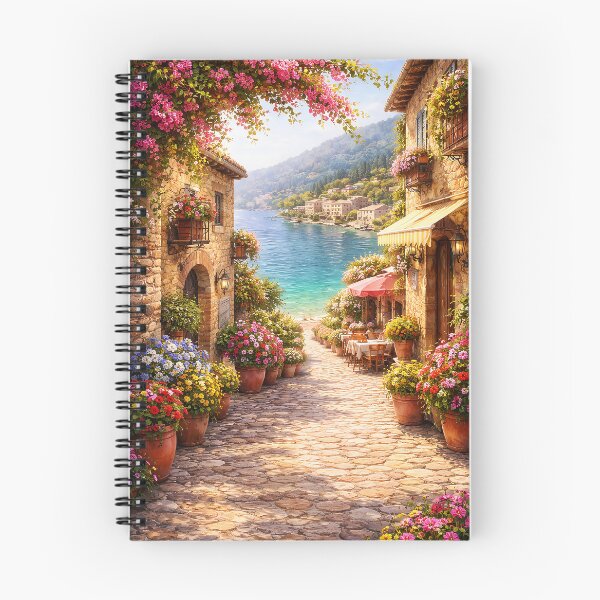 Artikelvorschau, Bezaubernde mediterrane Küstendorfgasse mit blühenden Blumen entworfen und verkauft von MALStoreDesign.