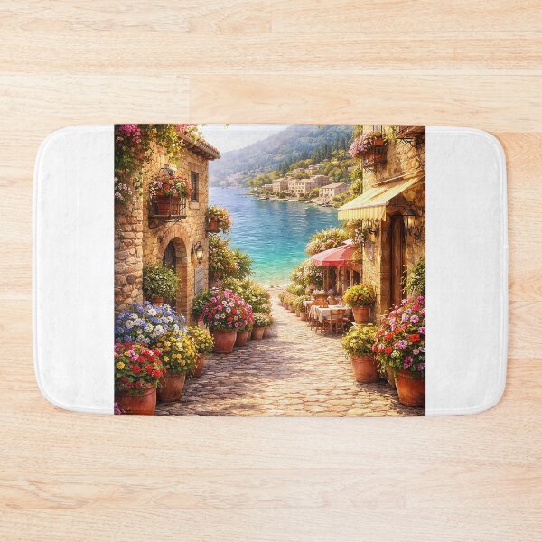 Item preview, Charming Mediterranean Coastal Village Alley with Blooming Flowers designed and sold by MALStoreDesign.