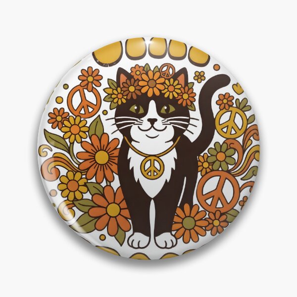 Item preview, Stay Groovy Retro 70s Hippie Black Cat with Flowers & Peace Sign designed and sold by The Grumpy Pet Club.