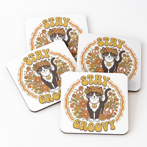 Item preview, Stay Groovy Retro 70s Hippie Black Cat with Flowers & Peace Sign designed and sold by The Grumpy Pet Club.