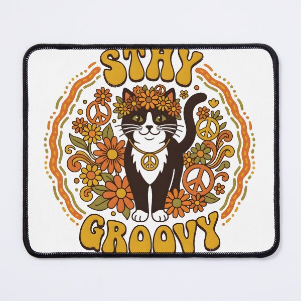 Item preview, Stay Groovy Retro 70s Hippie Black Cat with Flowers & Peace Sign designed and sold by The Grumpy Pet Club.