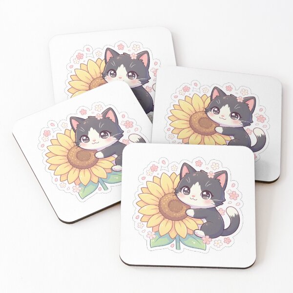 Item preview, Kawaii Tuxedo Cat Hugging a Sunflower - Cute Anime Kitty designed and sold by The Grumpy Pet Club.