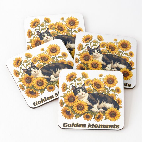 Item preview, Golden Moments - Cute Tuxedo Cat Relaxing in Sunflowers designed and sold by The Grumpy Pet Club.