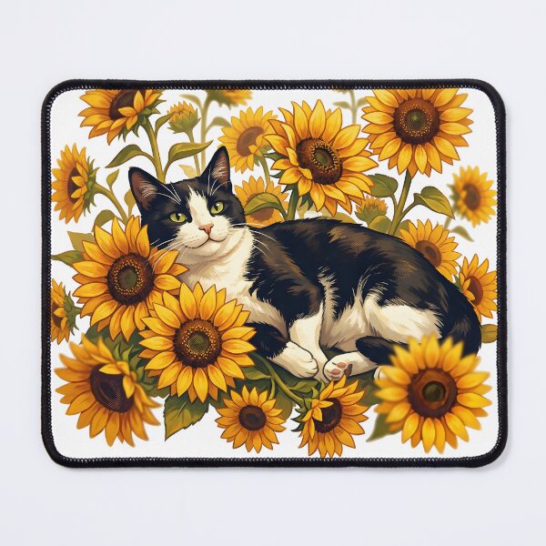 Item preview, Golden Moments - Cute Tuxedo Cat Relaxing in Sunflowers designed and sold by The Grumpy Pet Club.