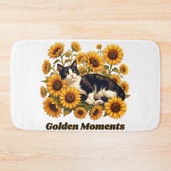 Item preview, Golden Moments - Cute Tuxedo Cat Relaxing in Sunflowers designed and sold by The Grumpy Pet Club.