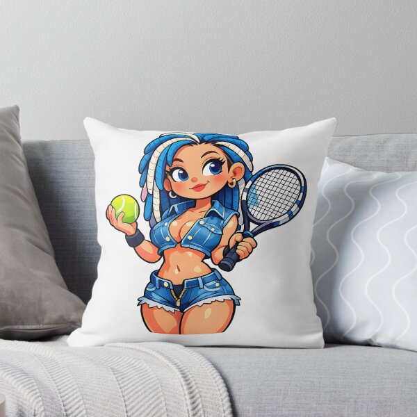 Item preview, A cartoon woman with blue hair holding a tennis ball and racket on transparent background designed and sold by Creative88Art.