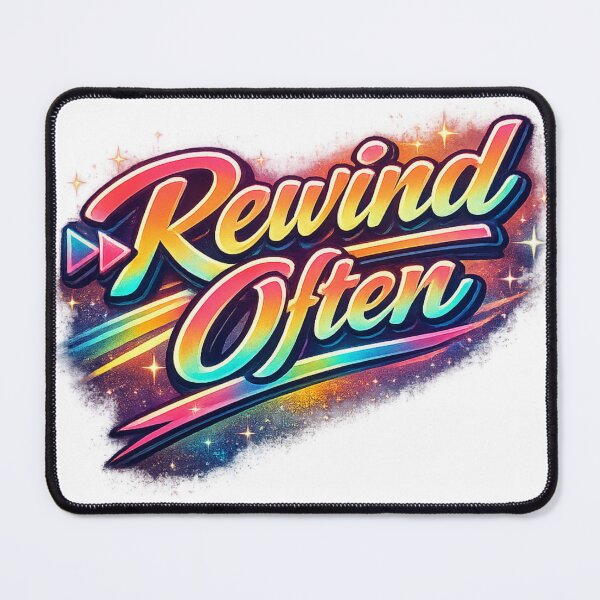 Item preview, Rewind Often – Retro 80s Rainbow Neon Script (VHS Vibes) designed and sold by All I Need Designs.
